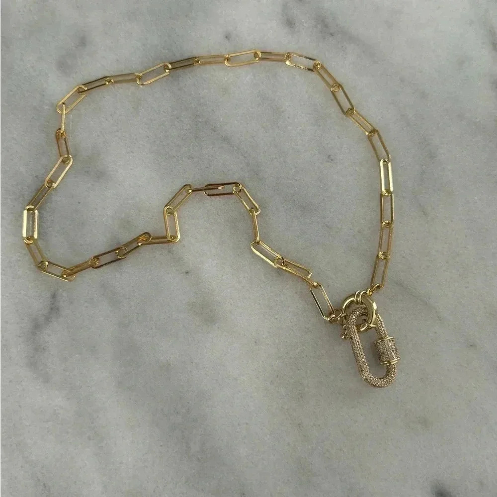 Gold Crystal Carabiner Clasp Clip Pendant Chain Link Necklace 

Brand New